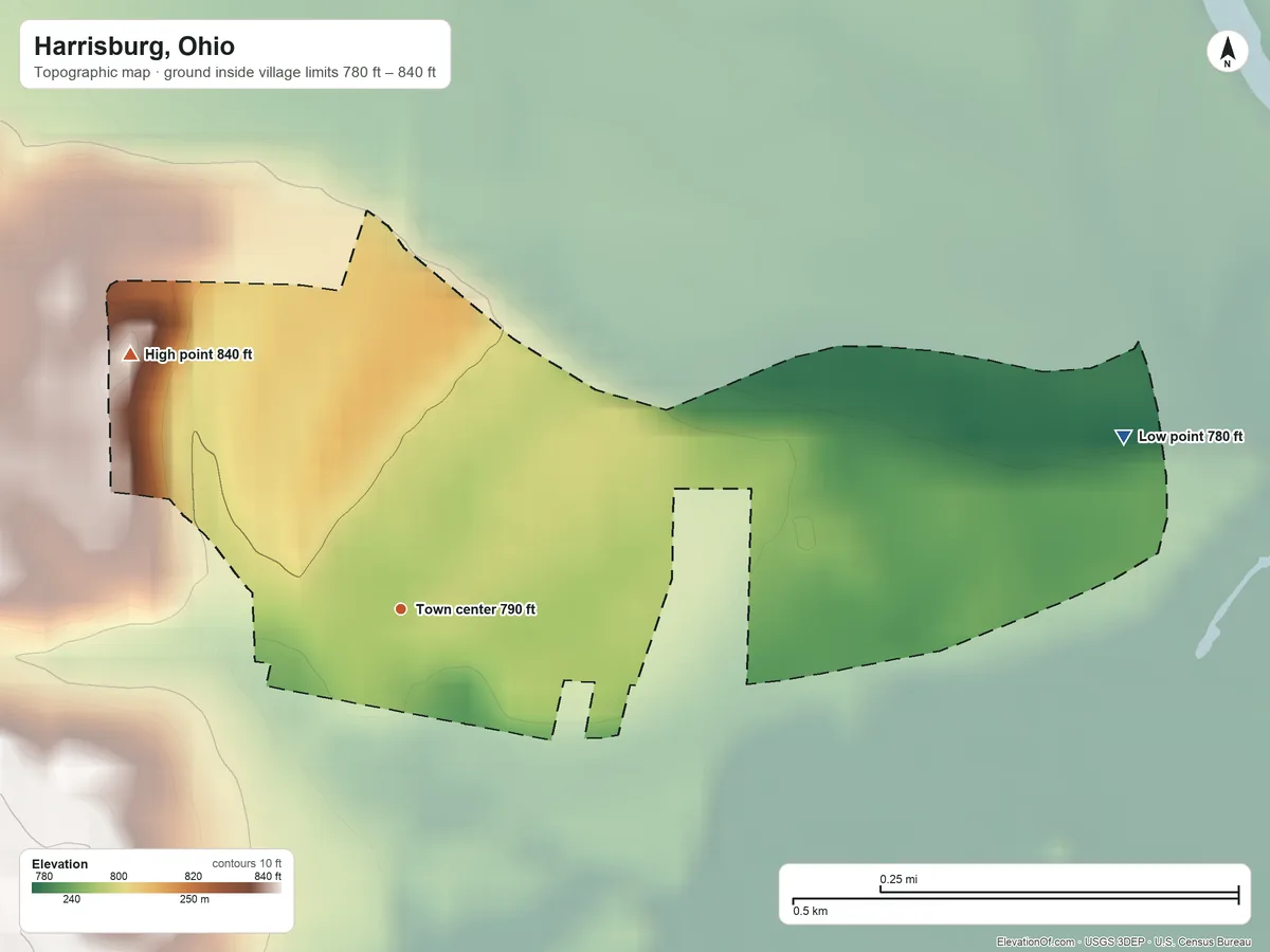 Topographic elevation map of Harrisburg, Ohio, shaded from 780 ft on the east side to 840 ft on the northwest side