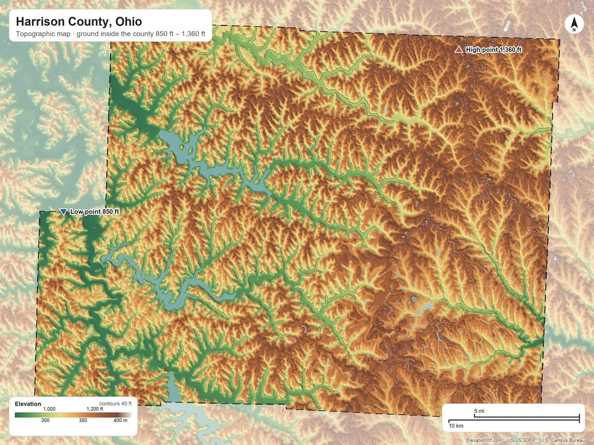 Topographic elevation map of Harrison County, Ohio, shaded from 850 ft on the west side to 1,360 ft on the northeast side