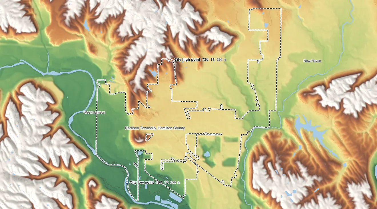 Topographic elevation map of Harrison, Ohio, shaded from 490 ft on the southwest side to 730 ft on the north side