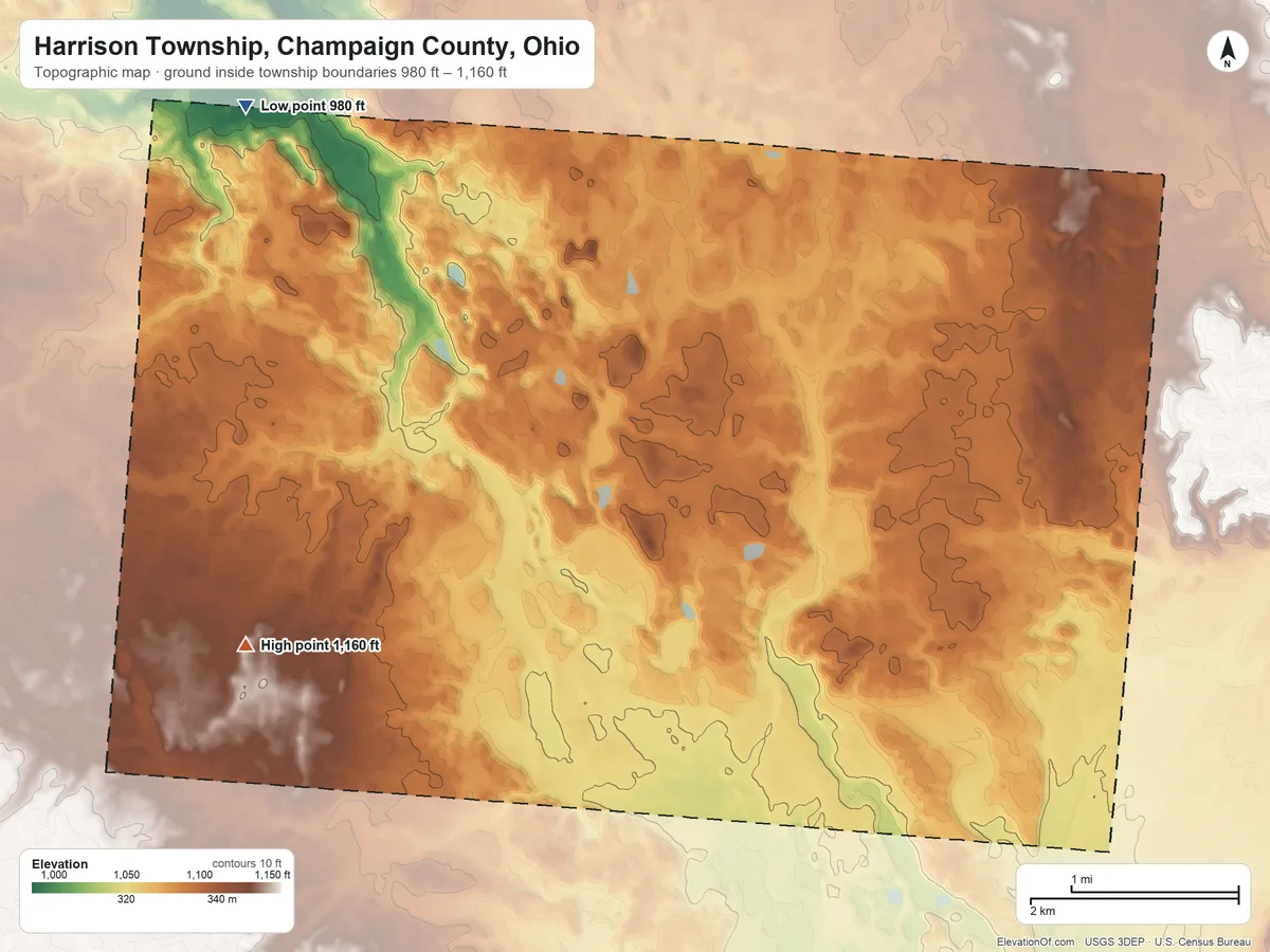 Topographic elevation map of Harrison Township, Champaign County, Ohio, shaded from 980 ft on the northwest side to 1,160 ft on the southwest side