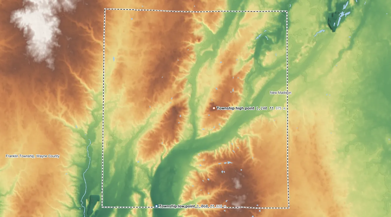 Topographic elevation map of Harrison Township, Darke County, Ohio, shaded from 1,060 ft on the southwest side to 1,240 ft near the middle