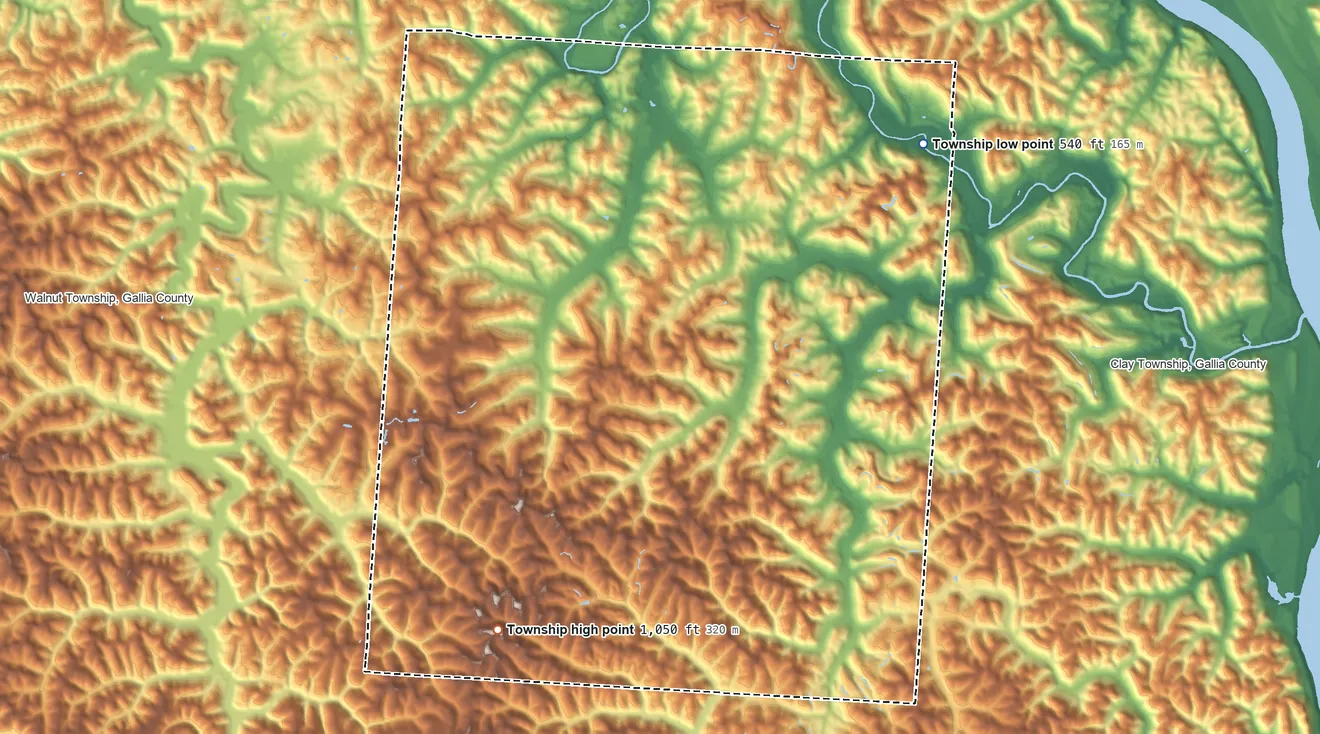 Topographic elevation map of Harrison Township, Gallia County, Ohio, shaded from 540 ft on the northeast side to 1,050 ft on the southwest side