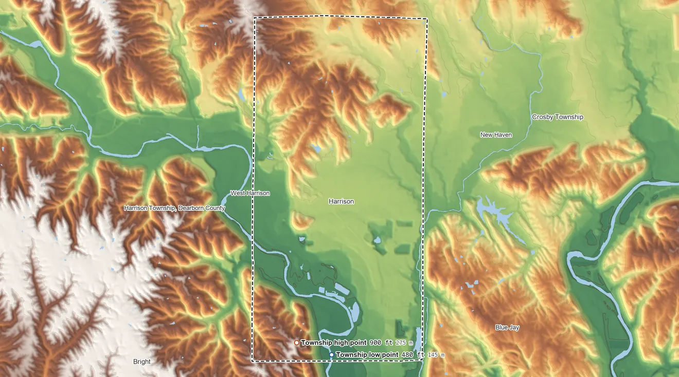 Topographic elevation map of Harrison Township, Hamilton County, Ohio, shaded from 480 ft on the south side to 900 ft on the south side