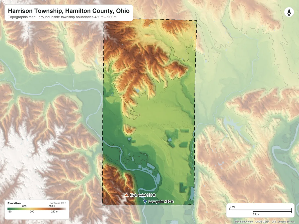 Topographic elevation map of Harrison Township, Hamilton County, Ohio, shaded from 480 ft on the south side to 900 ft on the south side
