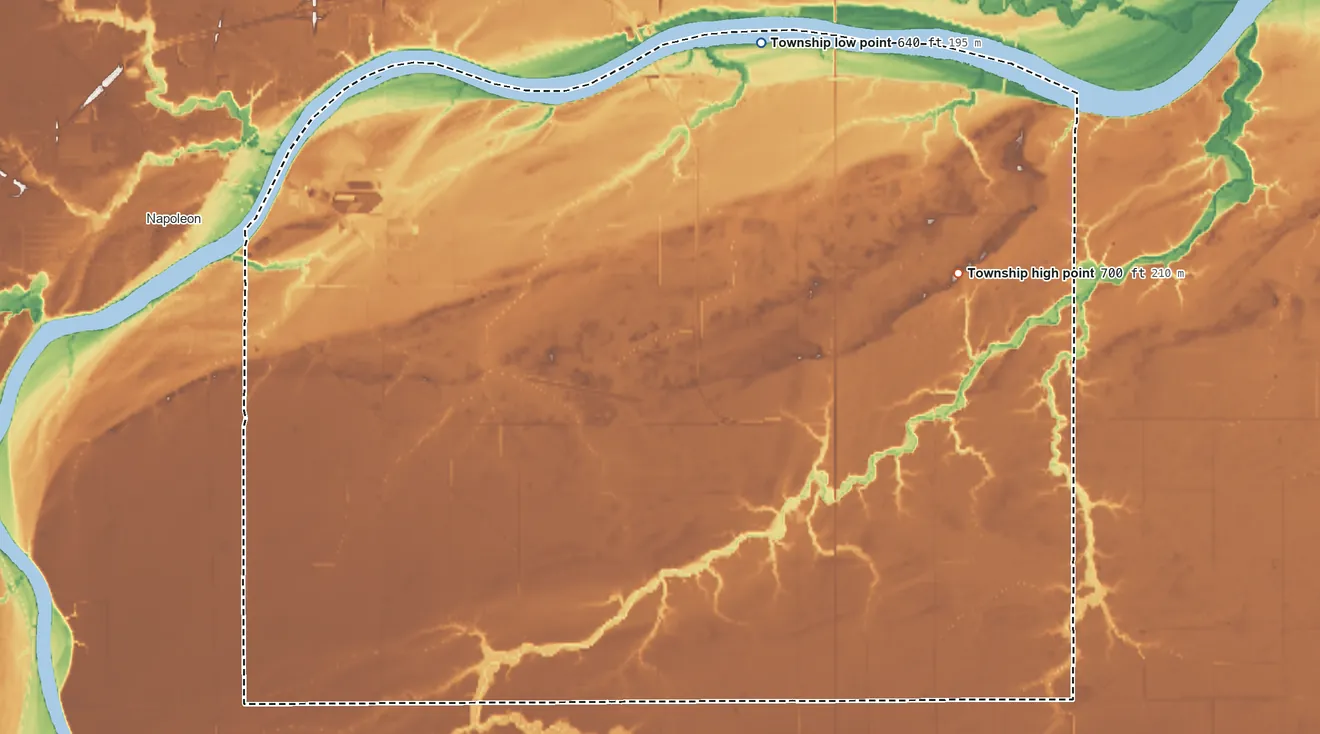 Topographic elevation map of Harrison Township, Henry County, Ohio, shaded from 640 ft on the northeast side to 700 ft on the east side