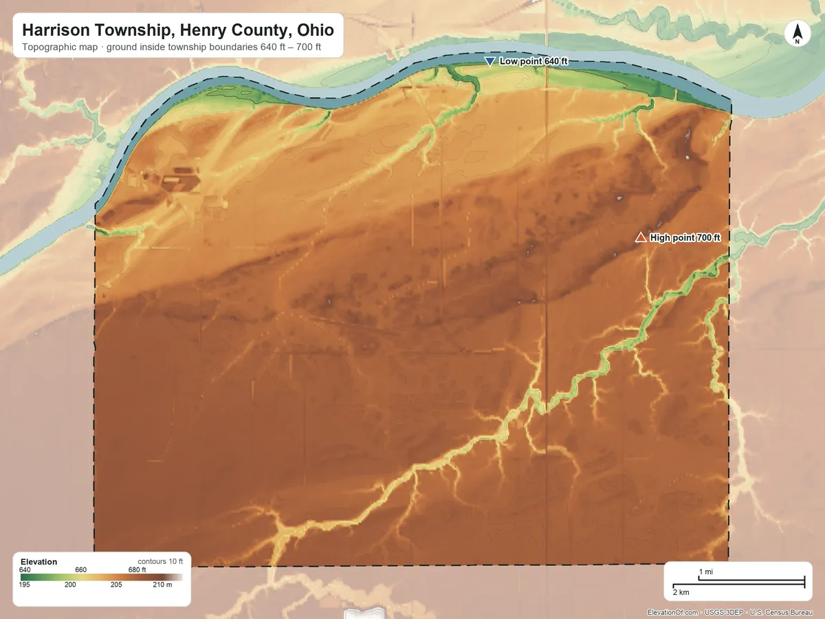 Topographic elevation map of Harrison Township, Henry County, Ohio, shaded from 640 ft on the northeast side to 700 ft on the east side