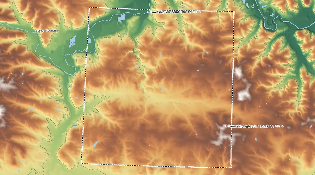 Topographic elevation map of Harrison Township, Knox County, Ohio, shaded from 900 ft on the north side to 1,210 ft on the southeast side