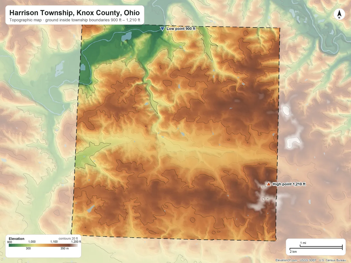 Topographic elevation map of Harrison Township, Knox County, Ohio, shaded from 900 ft on the north side to 1,210 ft on the southeast side