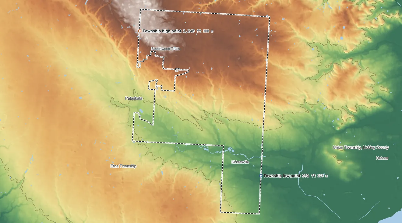 Topographic elevation map of Harrison Township, Licking County, Ohio, shaded from 900 ft on the southeast side to 1,240 ft on the northwest side