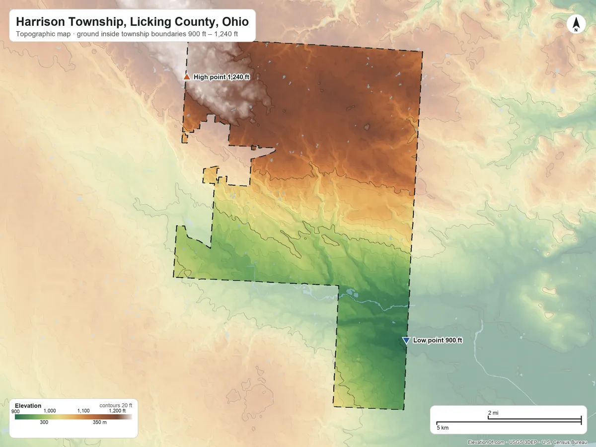 Topographic elevation map of Harrison Township, Licking County, Ohio, shaded from 900 ft on the southeast side to 1,240 ft on the northwest side