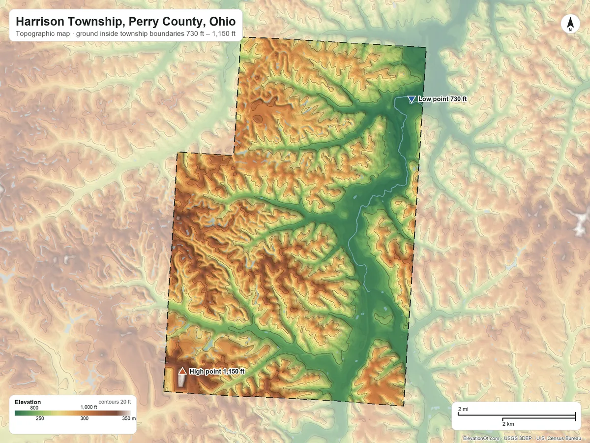 Topographic elevation map of Harrison Township, Perry County, Ohio, shaded from 730 ft on the northeast side to 1,150 ft on the southwest side
