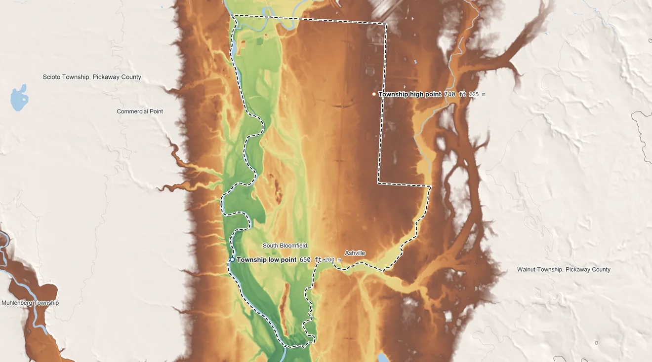 Topographic elevation map of Harrison Township, Pickaway County, Ohio, shaded from 650 ft on the west side to 740 ft on the north side