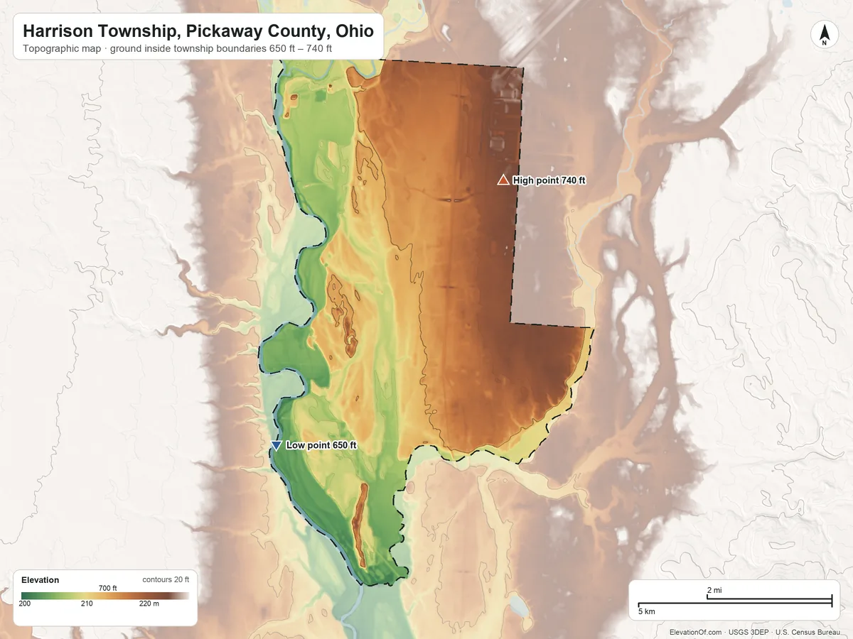 Topographic elevation map of Harrison Township, Pickaway County, Ohio, shaded from 650 ft on the west side to 740 ft on the north side