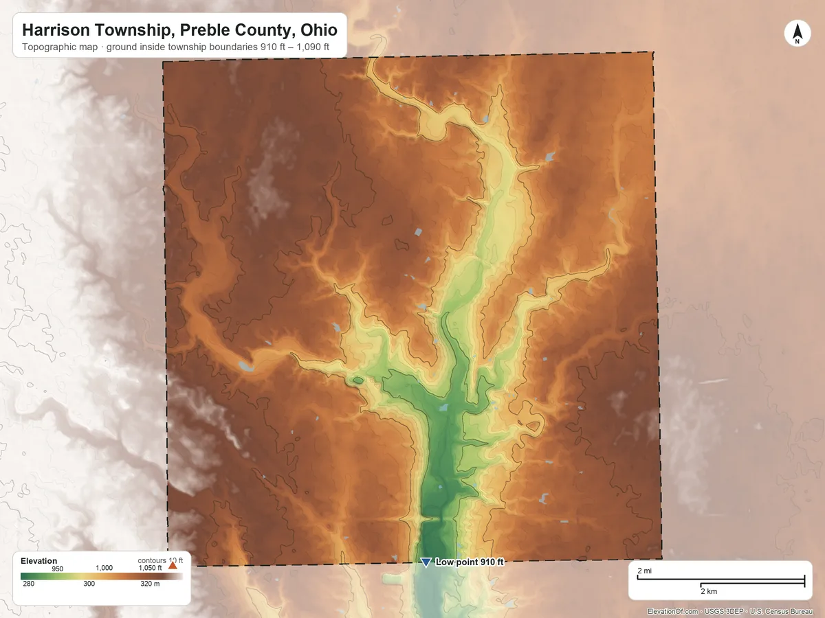 Topographic elevation map of Harrison Township, Preble County, Ohio, shaded from 910 ft on the south side to 1,090 ft on the southwest side