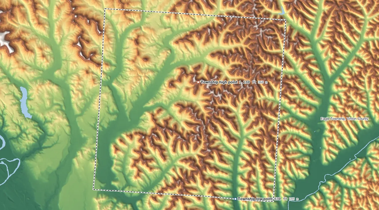 Topographic elevation map of Harrison Township, Ross County, Ohio, shaded from 630 ft on the southeast side to 1,180 ft on the east side