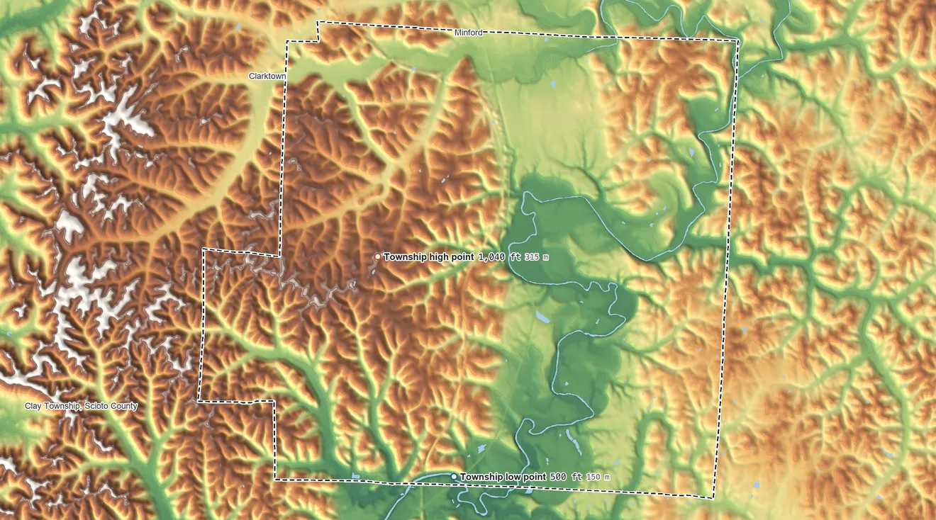 Topographic elevation map of Harrison Township, Scioto County, Ohio, shaded from 500 ft on the south side to 1,040 ft on Niner Hill