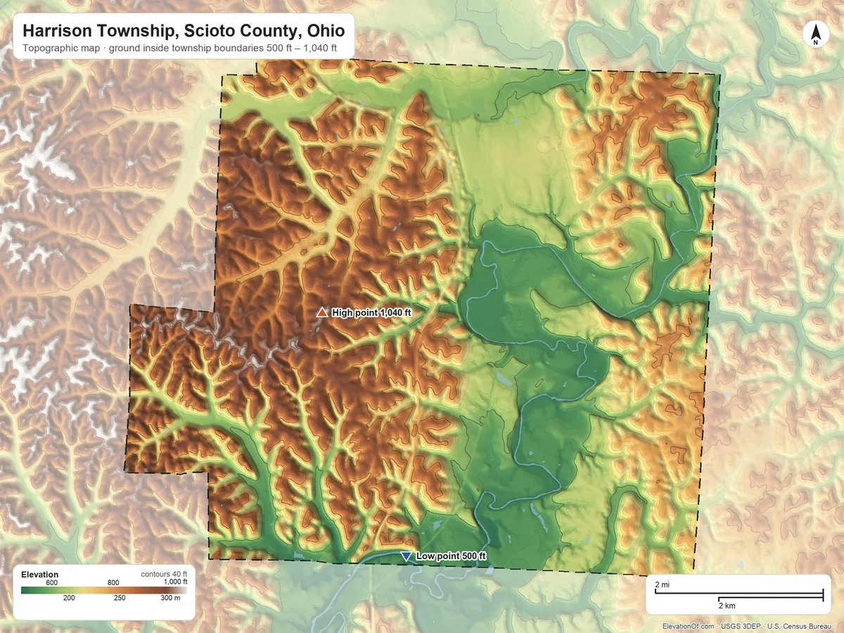 Topographic elevation map of Harrison Township, Scioto County, Ohio, shaded from 500 ft on the south side to 1,040 ft on Niner Hill