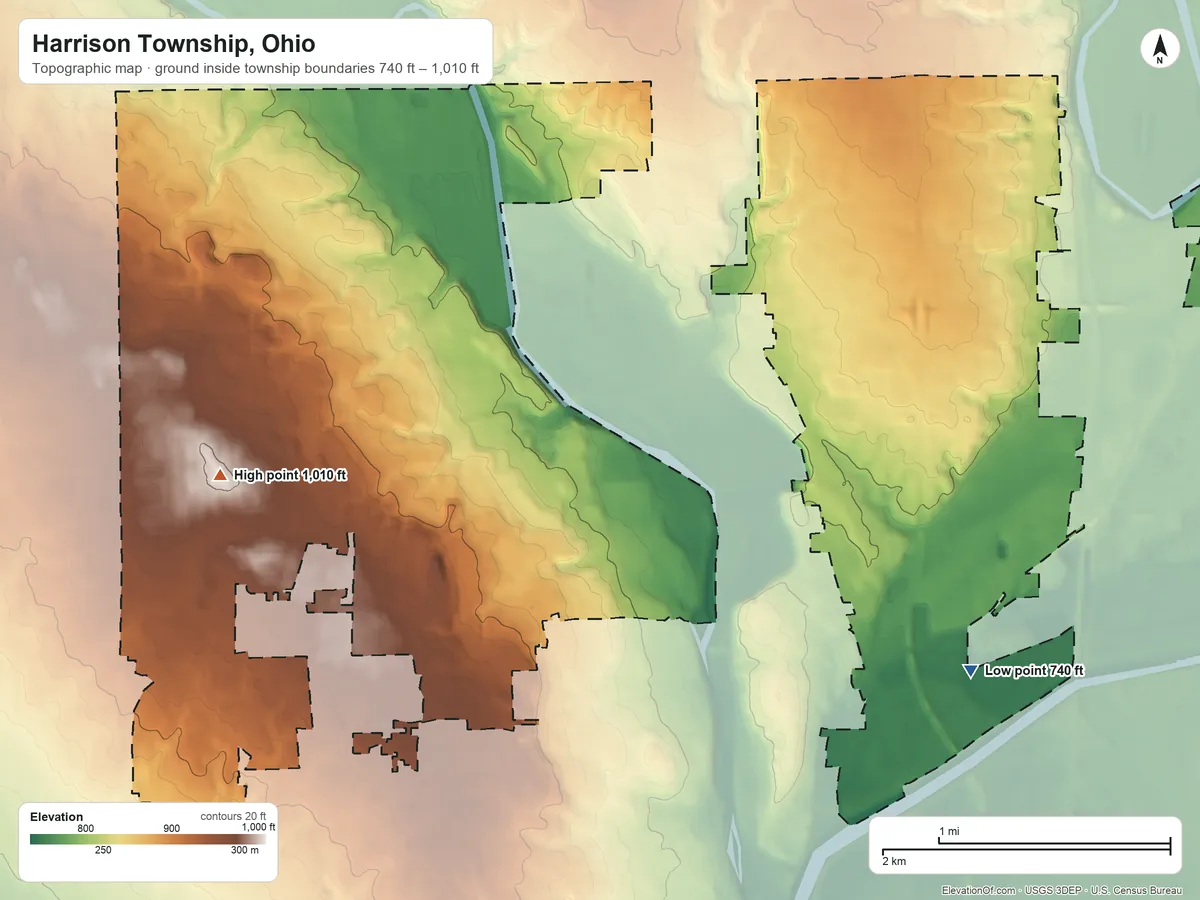 Topographic elevation map of Harrison Township, Ohio, shaded from 740 ft on the southeast side to 1,010 ft on the west side