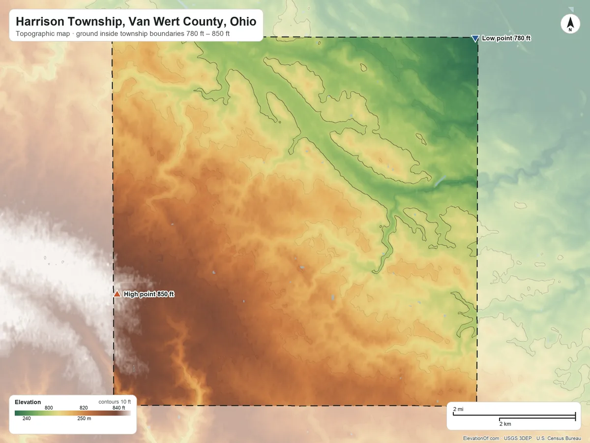 Topographic elevation map of Harrison Township, Van Wert County, Ohio, shaded from 780 ft on the northeast side to 850 ft on the southwest side