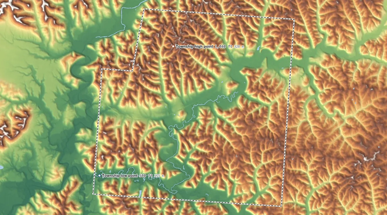 Topographic elevation map of Harrison Township, Vinton County, Ohio, shaded from 580 ft on the southwest side to 1,040 ft on the north side