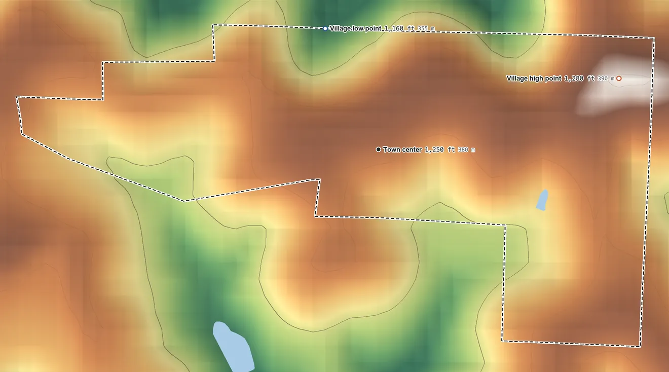 Topographic elevation map of Harrisville, Ohio, shaded from 1,160 ft on the northwest side to 1,280 ft on the east side