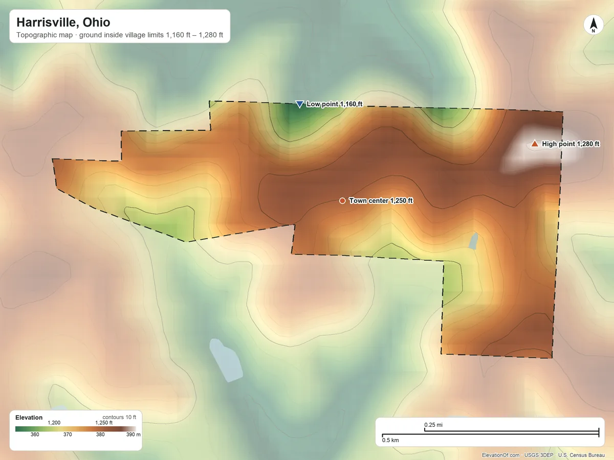 Topographic elevation map of Harrisville, Ohio, shaded from 1,160 ft on the northwest side to 1,280 ft on the east side