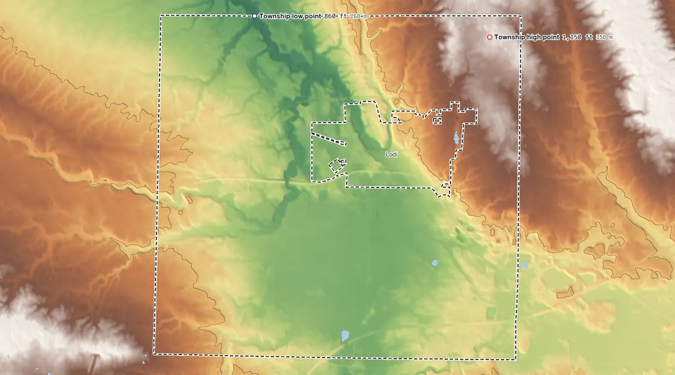 Topographic elevation map of Harrisville Township, Ohio, shaded from 860 ft on the northwest side to 1,150 ft on the northeast side