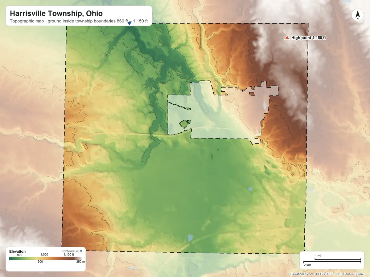 Topographic elevation map of Harrisville Township, Ohio, shaded from 860 ft on the northwest side to 1,150 ft on the northeast side