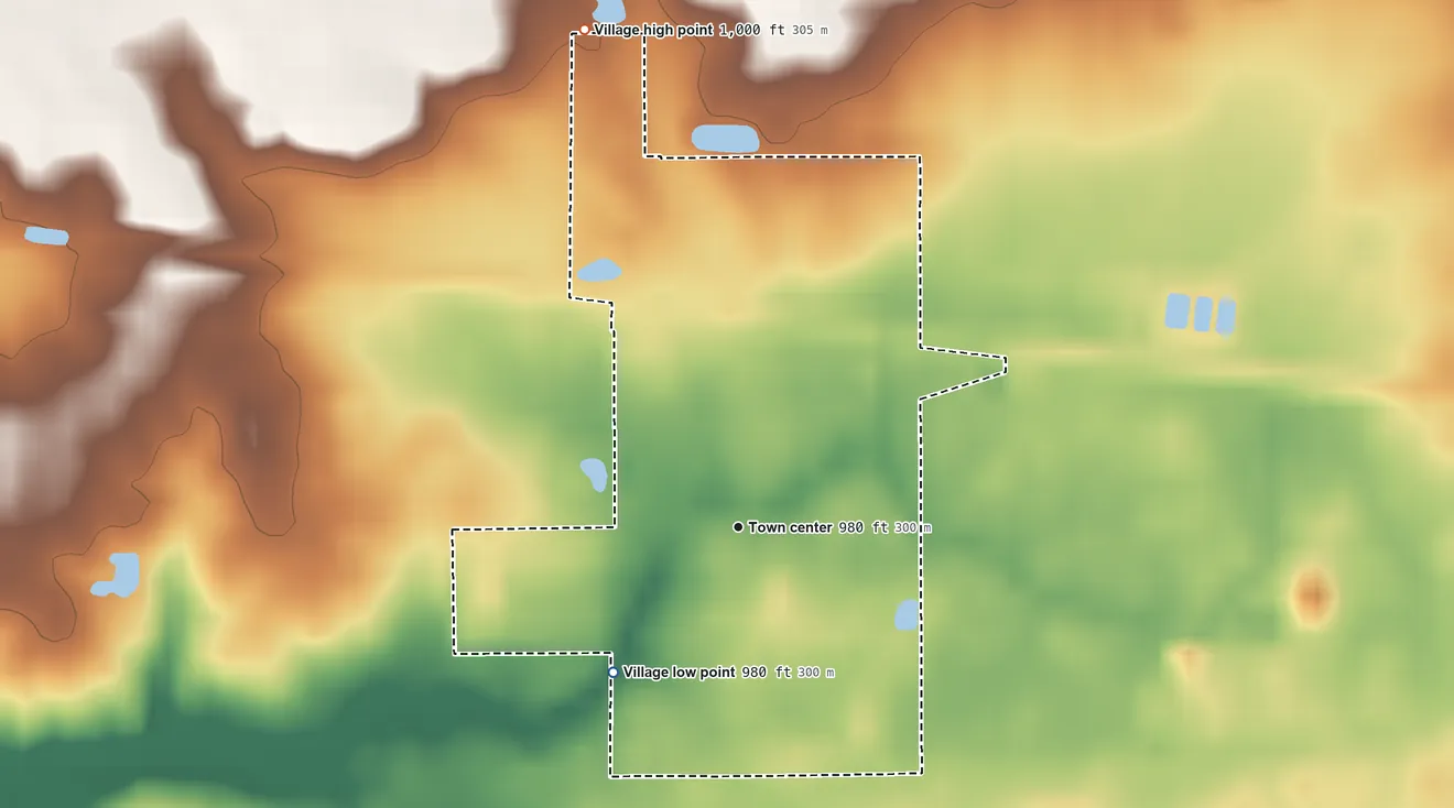 Topographic elevation map of Harrod, Ohio, shaded from 980 ft on the southwest side to 1,000 ft on the north side