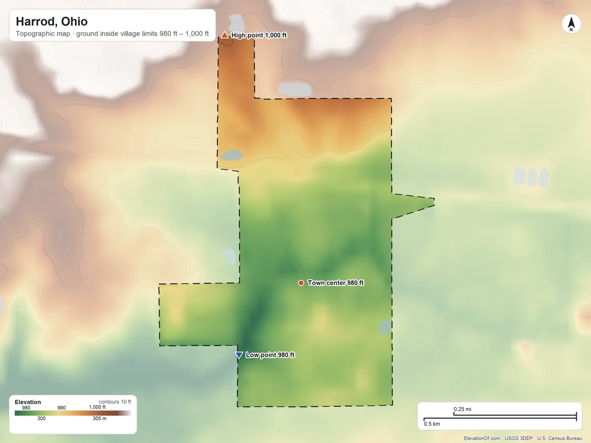 Topographic elevation map of Harrod, Ohio, shaded from 980 ft on the southwest side to 1,000 ft on the north side