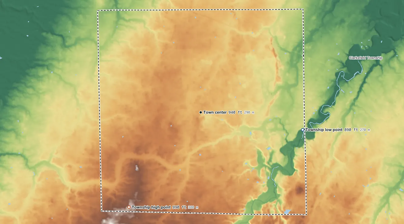 Topographic elevation map of Hartland Township, Ohio, shaded from 890 ft on the east side to 990 ft on the southwest side