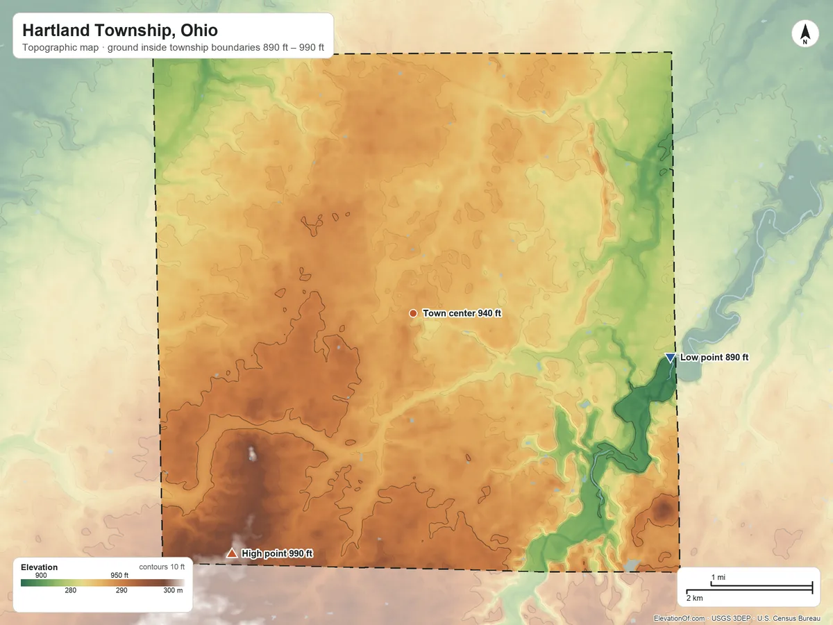 Topographic elevation map of Hartland Township, Ohio, shaded from 890 ft on the east side to 990 ft on the southwest side