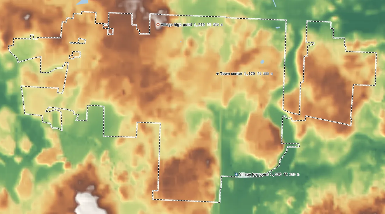 Topographic elevation map of Hartville, Ohio, shaded from 1,130 ft on the south side to 1,210 ft on the northwest side
