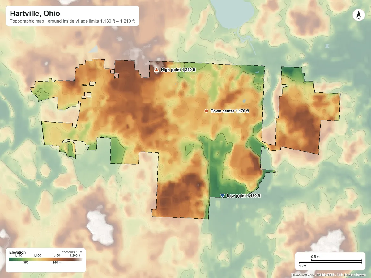 Topographic elevation map of Hartville, Ohio, shaded from 1,130 ft on the south side to 1,210 ft on the northwest side
