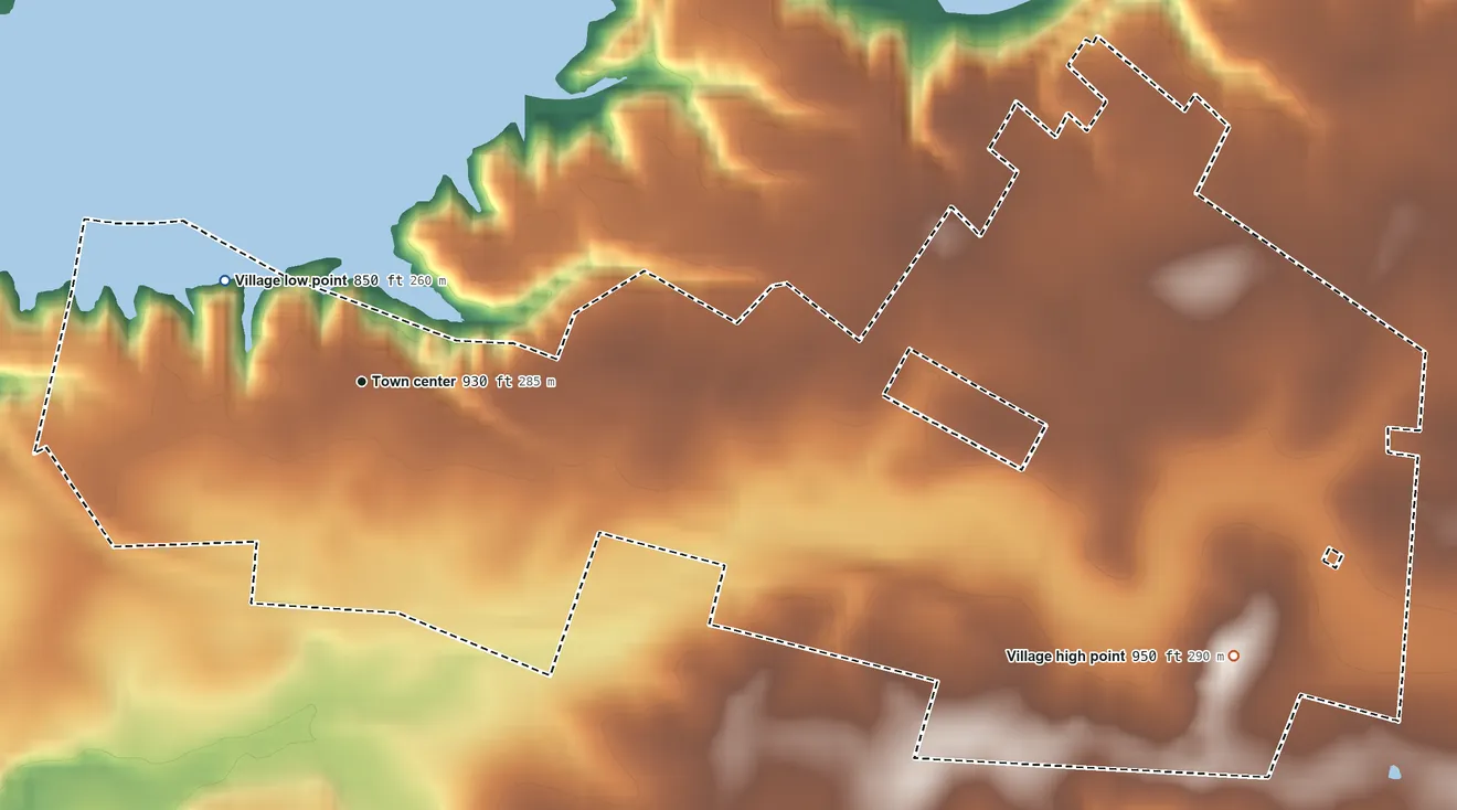 Topographic elevation map of Harveysburg, Ohio, shaded from 850 ft on the northwest side to 950 ft on the east side