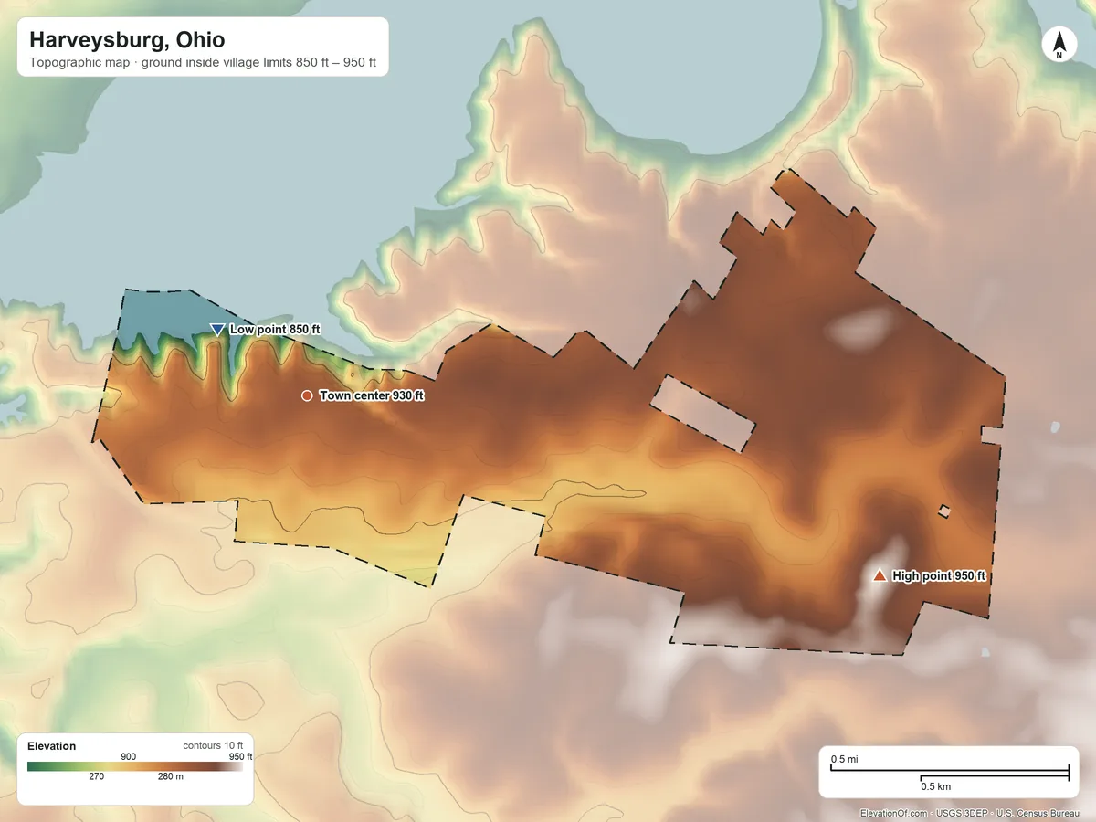 Topographic elevation map of Harveysburg, Ohio, shaded from 850 ft on the northwest side to 950 ft on the east side