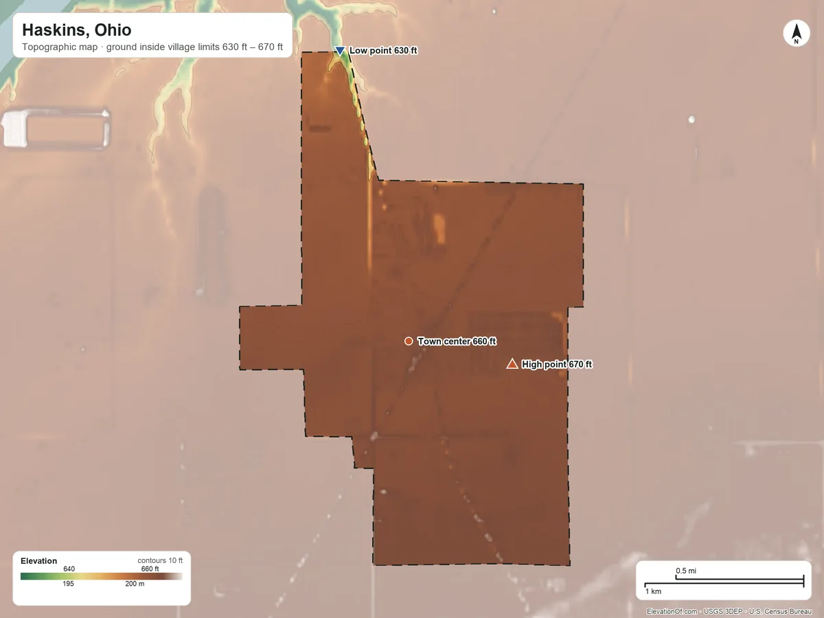 Topographic elevation map of Haskins, Ohio, shaded from 630 ft on the north side to 670 ft on the east side