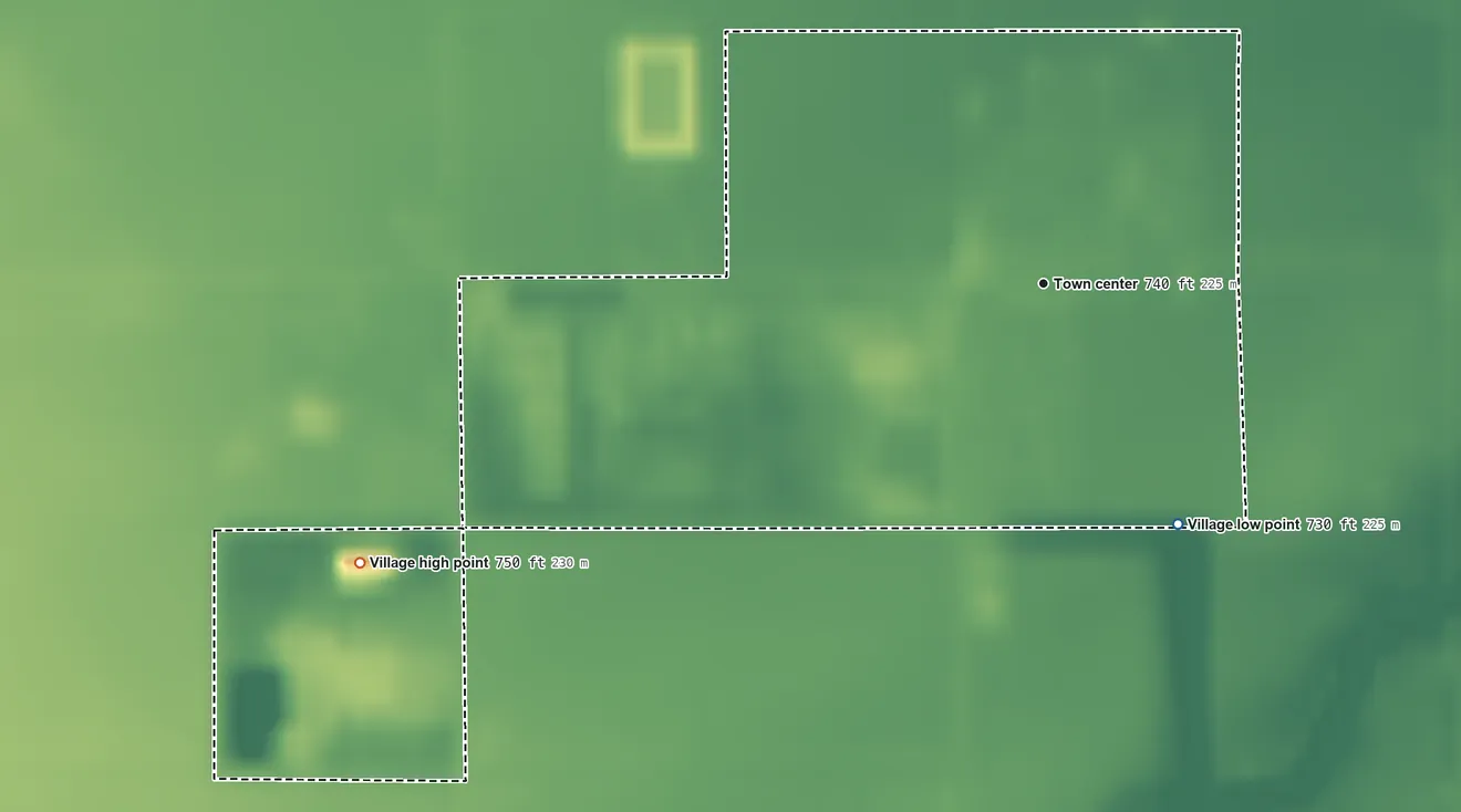 Topographic elevation map of Haviland, Ohio, shaded from 730 ft on the southeast side to 750 ft on the west side