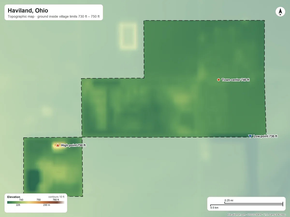 Topographic elevation map of Haviland, Ohio, shaded from 730 ft on the southeast side to 750 ft on the west side