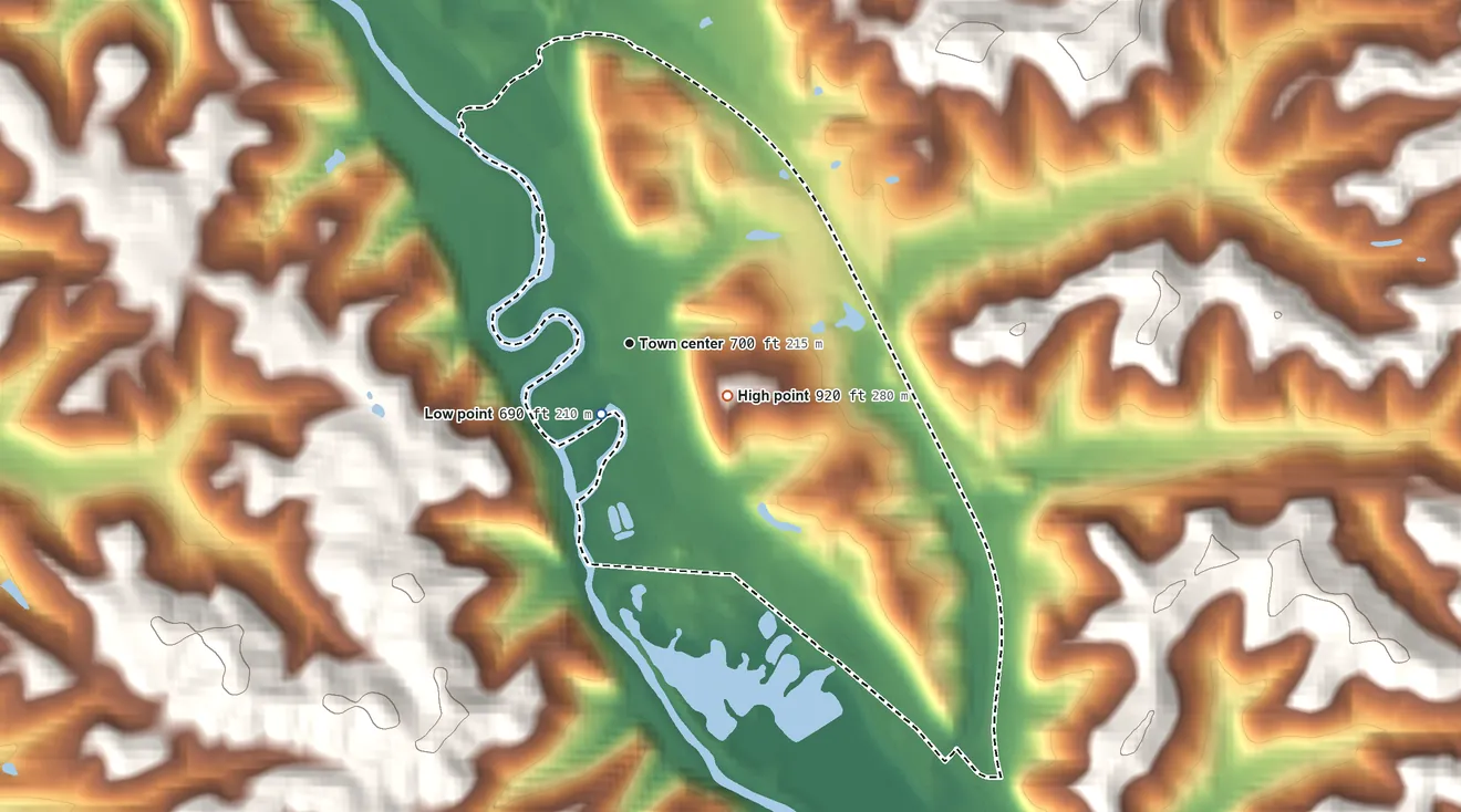 Topographic elevation map of Haydenville, Ohio, shaded from 690 ft near the middle to 920 ft on the southeast side