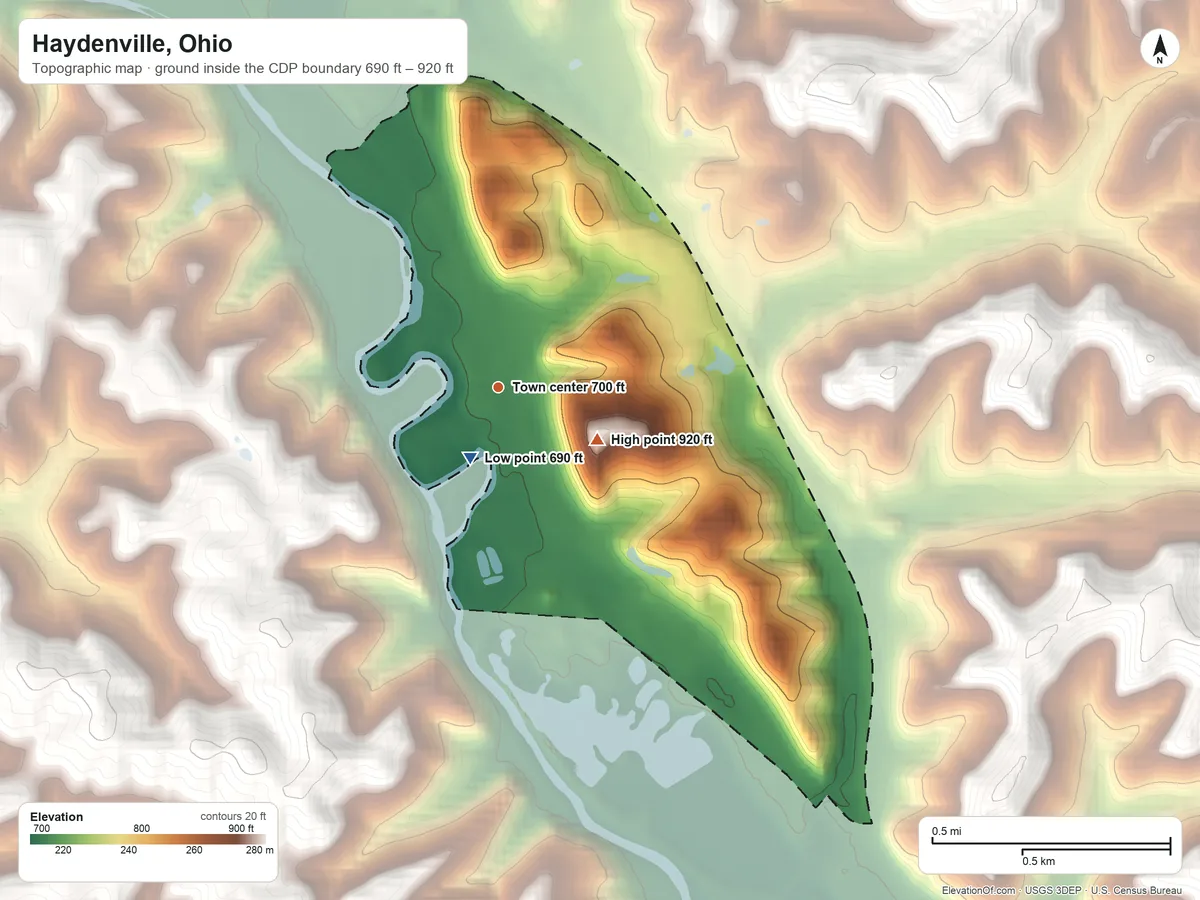 Topographic elevation map of Haydenville, Ohio, shaded from 690 ft near the middle to 920 ft on the southeast side