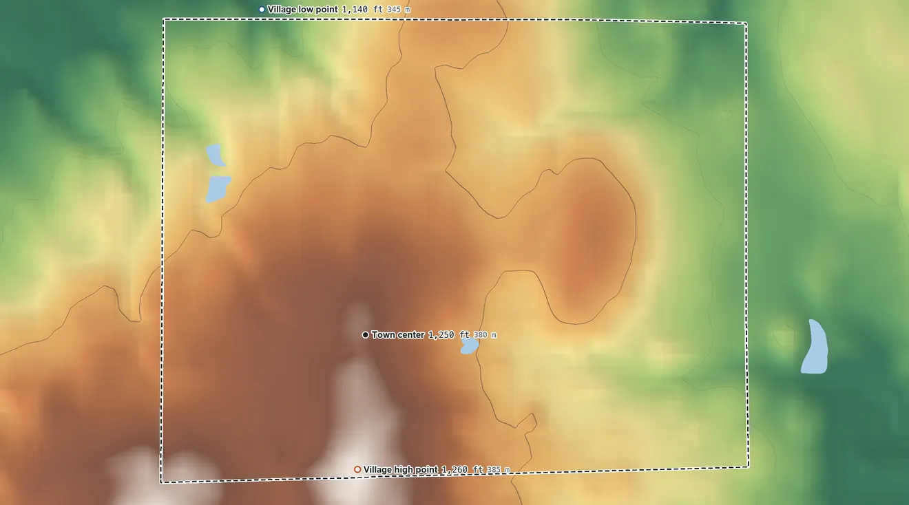 Topographic elevation map of Hayesville, Ohio, shaded from 1,140 ft on the north side to 1,260 ft on the south side