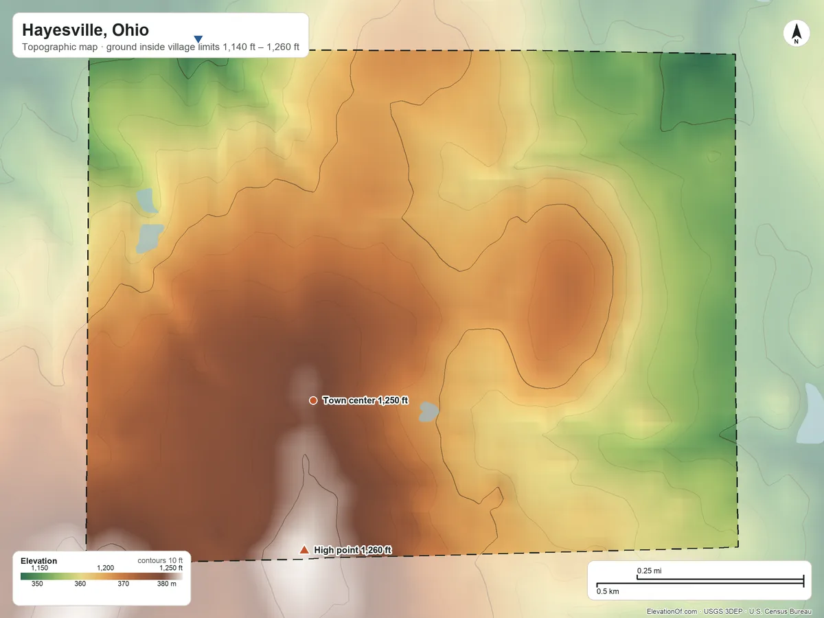 Topographic elevation map of Hayesville, Ohio, shaded from 1,140 ft on the north side to 1,260 ft on the south side