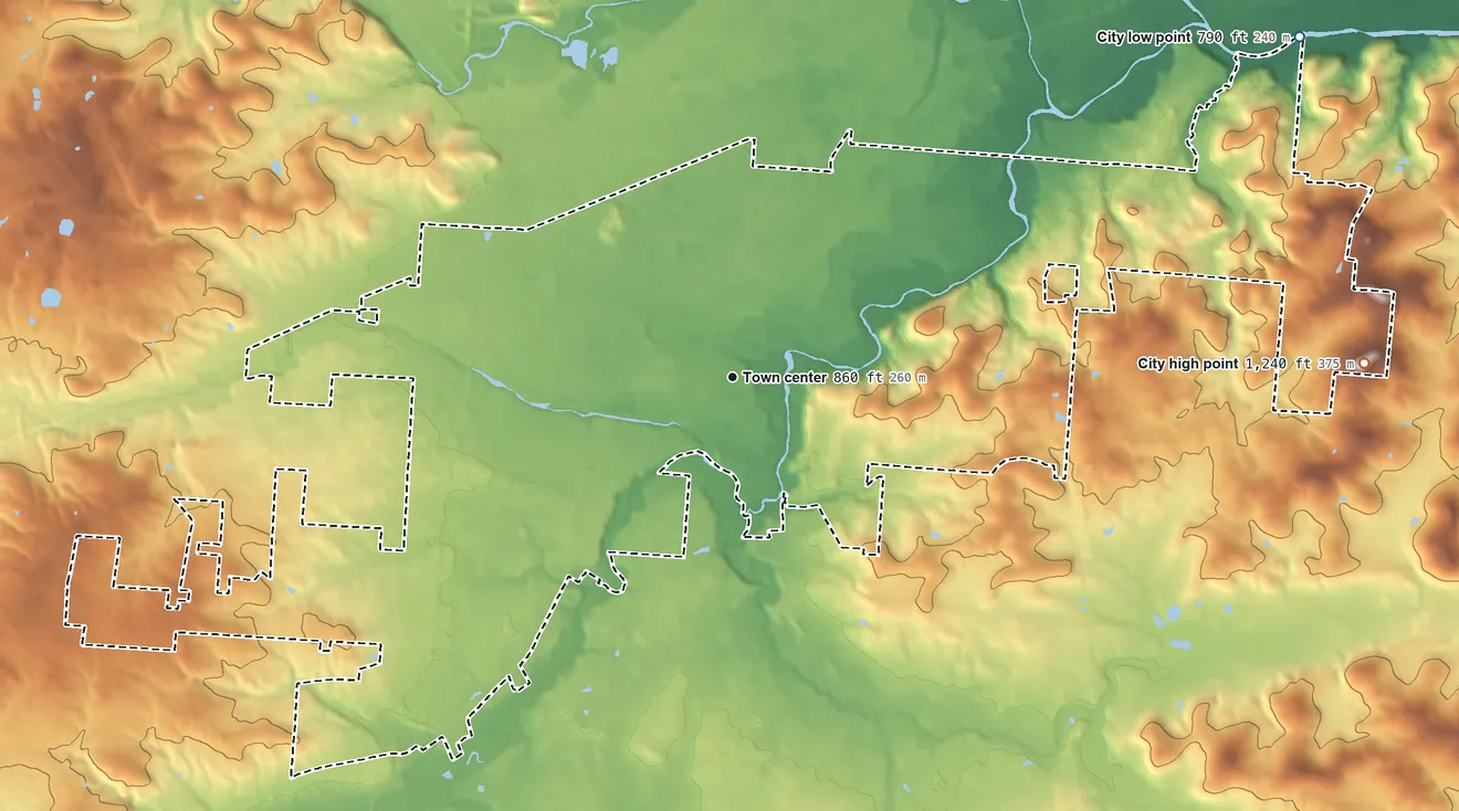 Topographic elevation map of Heath, Ohio, shaded from 790 ft on the northeast side to 1,240 ft on Coffman Knob
