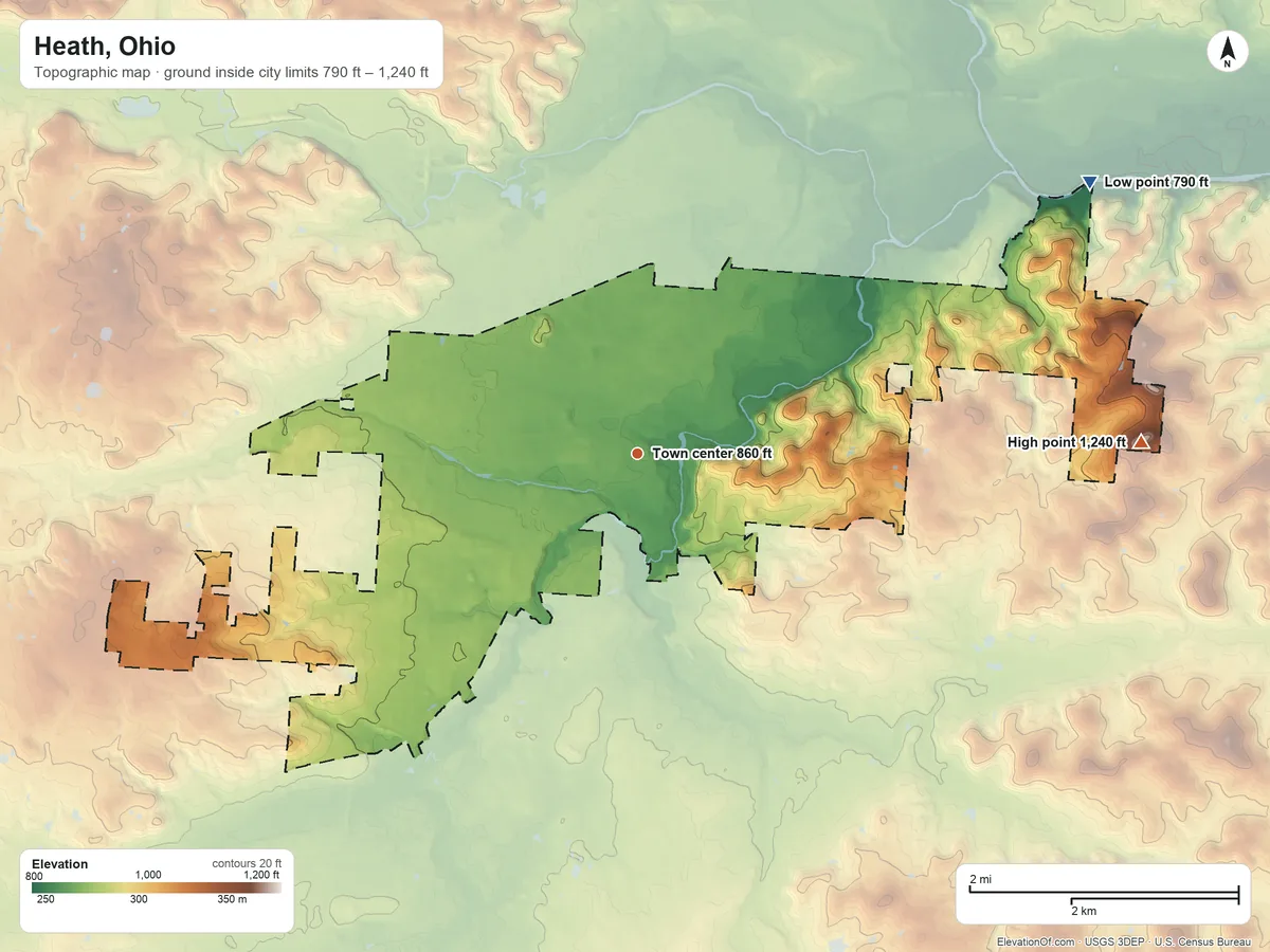 Topographic elevation map of Heath, Ohio, shaded from 790 ft on the northeast side to 1,240 ft on Coffman Knob