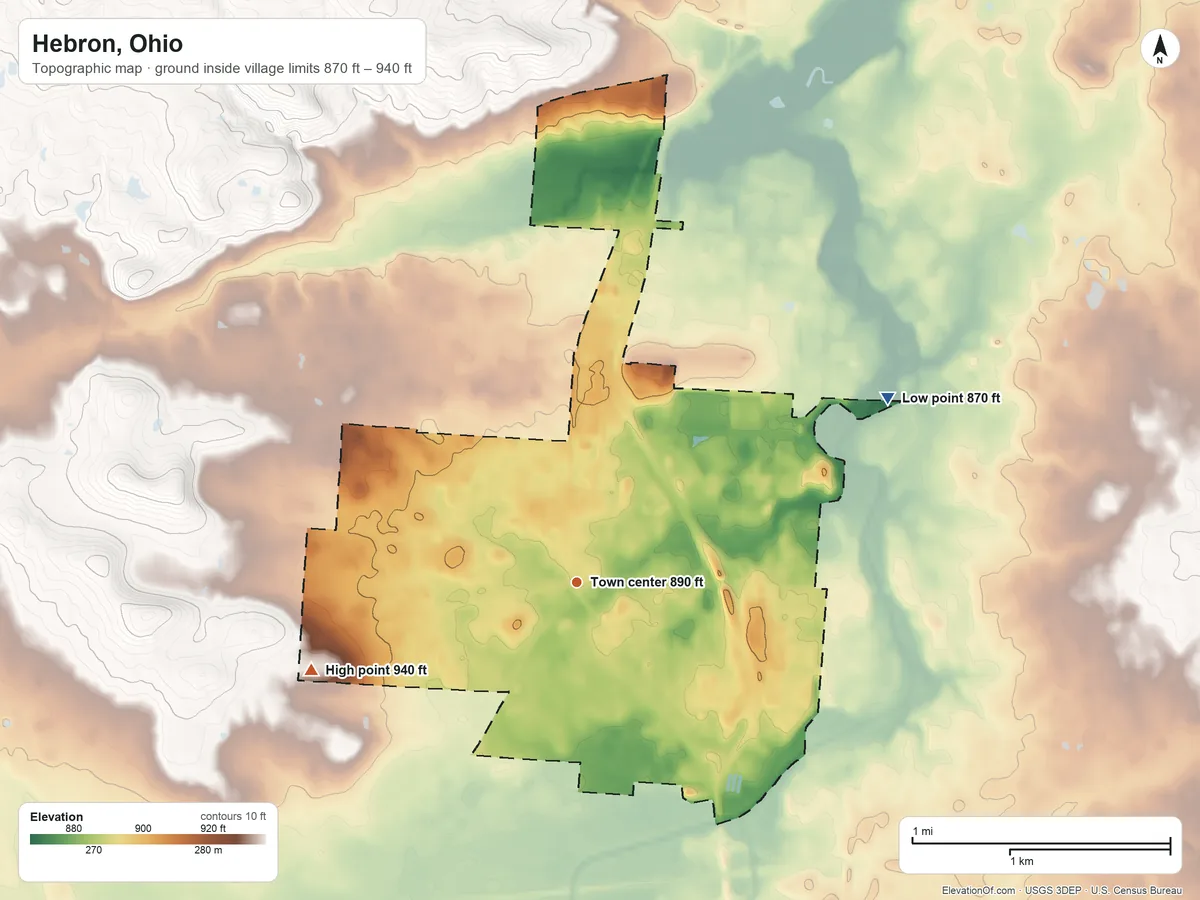 Topographic elevation map of Hebron, Ohio, shaded from 870 ft on the northeast side to 940 ft on the west side