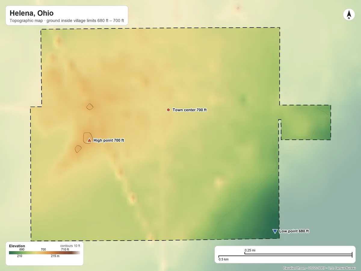 Topographic elevation map of Helena, Ohio, shaded from 680 ft on the southeast side to 700 ft on the west side