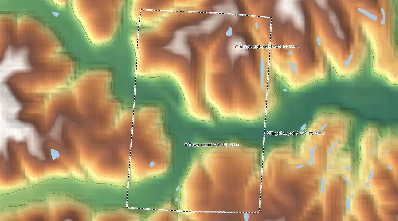 Topographic elevation map of Hemlock, Ohio, shaded from 760 ft on the east side to 940 ft on the northeast side