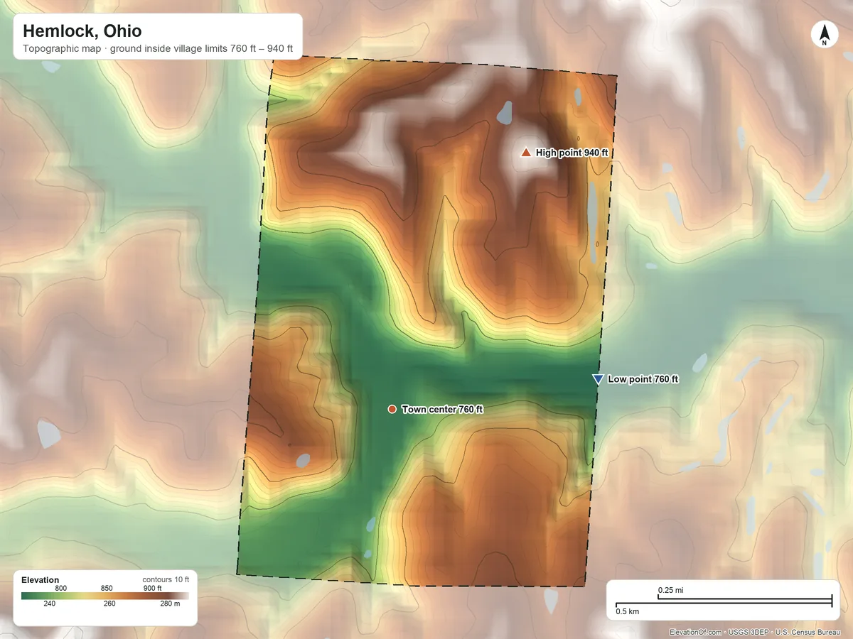 Topographic elevation map of Hemlock, Ohio, shaded from 760 ft on the east side to 940 ft on the northeast side