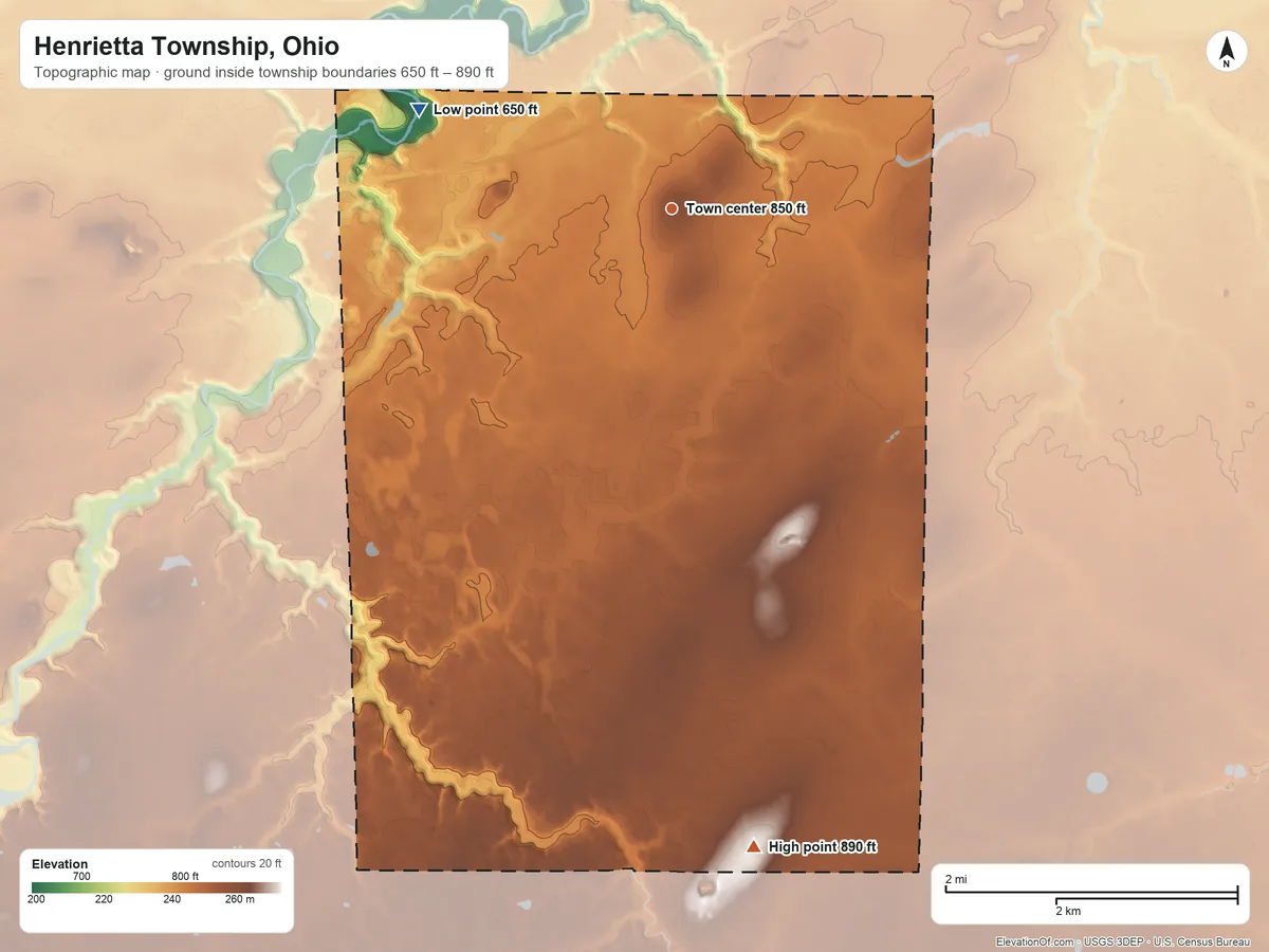 Topographic elevation map of Henrietta Township, Ohio, shaded from 650 ft on the west side to 890 ft on the south side